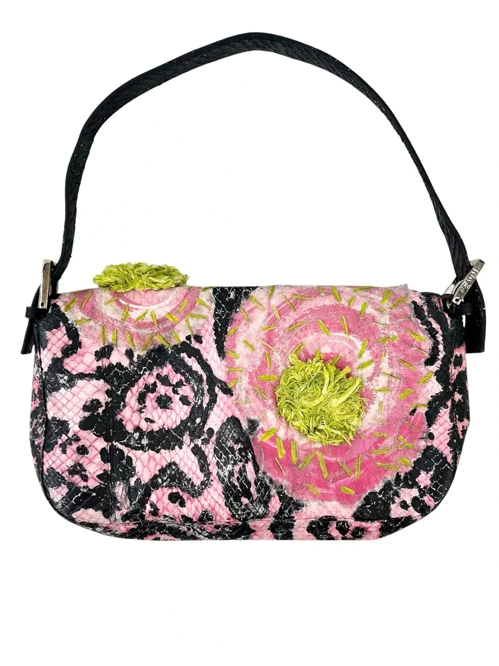 RARE FENDI Upcycled Vintage Mini FF Baguette Bag in Black Pink & Green - Picture 2 of 16